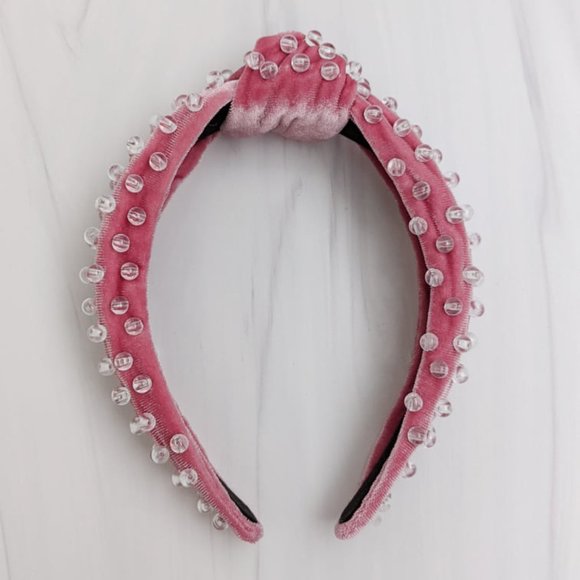 Mauve Pink Beaded Knotted Velvet Headband Crystal Clear Acrylic Beads Handmade main image 7